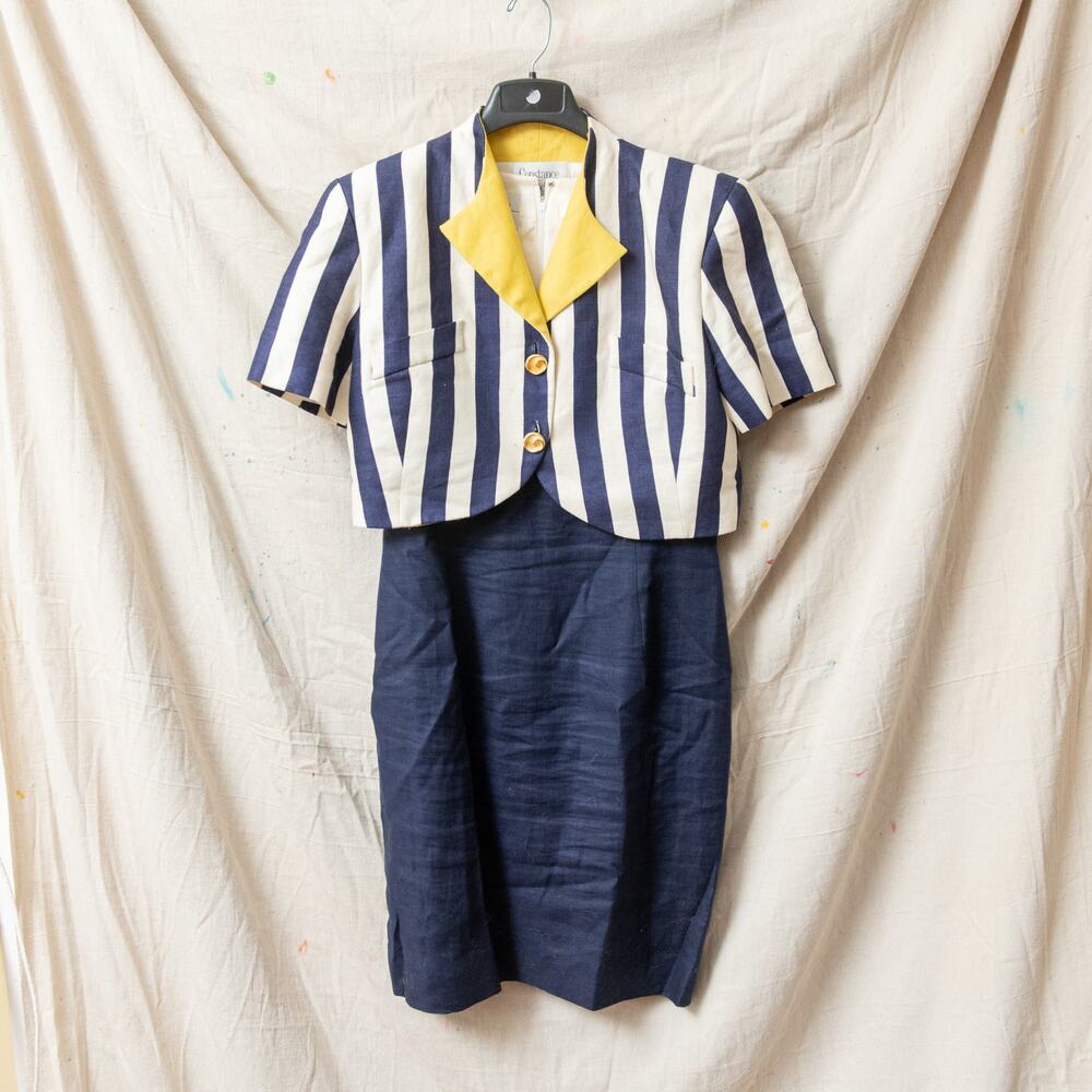Vtg 80s Constance Saunders Sz 14 Linen Summer Jacket Shift Dress Navy Yellow